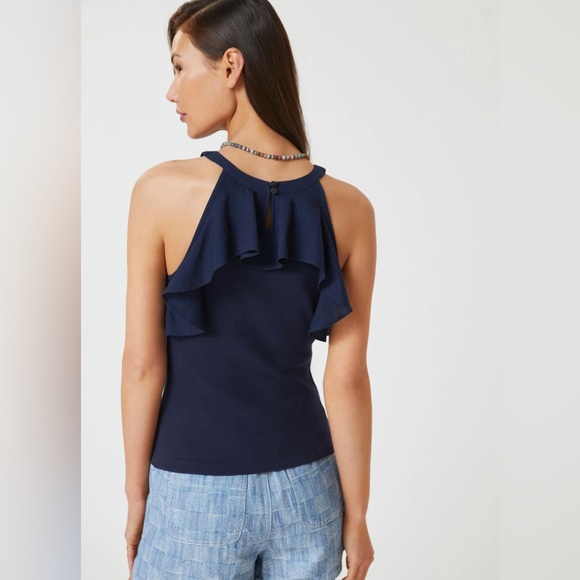 Maeve Anthropologie Ribbed Ruffle Tank Top in Navy - Picture 4 of 12